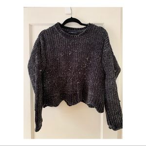 Distressed, dark gray chenille knit sweater